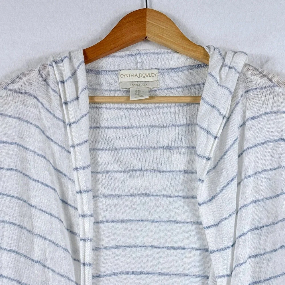 Cynthia Rowley Hooded Cardigan Women XS White Blue Stripe Linen Coastal Nautical